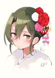 Rule 34 | 1girl, absurdres, blush, closed mouth, cropped shoulders, flower, fur collar, green eyes, green hair, hair between eyes, hair flower, hair ornament, hair up, highres, japanese clothes, kantai collection, looking at viewer, ma rukan, pink flower, portrait, red flower, signature, simple background, solo, white flower, zuikaku (kancolle)
