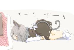 Rule 34 | 1girl, = =, animal ears, blush stickers, capelet, closed eyes, commentary, crawling, from side, full body, grey hair, highres, ishikkoro, kotatsu, long sleeves, mouse ears, mouse tail, nazrin, no nose, short hair, socks, solo, table, tail, touhou