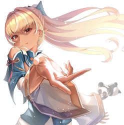 Rule 34 | 1girl, blonde hair, blue bow, blue dress, bow, china dress, chinese clothes, closed mouth, clothing cutout, commentary, dark-skinned female, dark skin, dress, english commentary, foreshortening, hair bow, highres, hololive, kintsuba (shiranui flare), light particles, light smile, long hair, looking at viewer, outstretched hand, pointy ears, ponytail, reaching, reaching towards viewer, red eyes, roco (rocoroco1115), shiranui flare, shiranui flare (old design), short dress, shoulder cutout, simple background, smile, solo, tassel, upper body, virtual youtuber, white background, white hair, wide sleeves