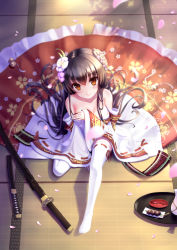 Rule 34 | 1girl, absurdres, baise fangjianta, blurry, breasts, brown eyes, brown hair, cherry blossoms, covering privates, covering breasts, depth of field, floral print, flower, from above, hair flower, hair ornament, highres, japanese clothes, katana, kimono, kimono pull, long hair, looking at viewer, looking up, original, petals, ribbon-trimmed legwear, ribbon trim, sheath, sheathed, solo, sword, tatami, thighhighs, very long hair, wakizashi, weapon, white thighhighs