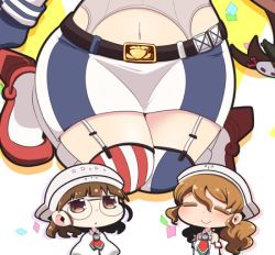 Rule 34 | 10s, 3girls, = =, belt, belt buckle, brown eyes, brown hair, buckle, capelet, chibi, closed eyes, detached sleeves, garter straps, glasses, hat, head out of frame, iowa (kancolle), kantai collection, littorio (kancolle), long hair, miniskirt, multiple girls, roma (kancolle), short hair, skirt, striped clothes, striped legwear, striped thighhighs, thighhighs, tsukko (3ki2ne10), vertical-striped clothes, vertical-striped thighhighs