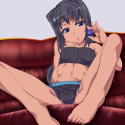 Rule 34 | 1girl, abs, bad id, bad pixiv id, bandeau, barefoot, black hair, blue eyes, breasts, cameltoe, couch, covered erect nipples, feet, female focus, long hair, navel, original, panties, sitting, small breasts, solo, spread legs, strapless, tube top, underwear, underwear only, utako623