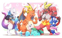 Rule 34 | azuma minatsu, black hair, blue eyes, brown hair, carrying, charizard, claws, closed eyes, colored sclera, creatures (company), fire, flame-tipped tail, full body, furry, furry male, game freak, gen 1 pokemon, gen 2 pokemon, gen 3 pokemon, gen 4 pokemon, gen 5 pokemon, gen 6 pokemon, gen 7 pokemon, greninja, heart, incineroar, ivysaur, jigglypuff, legendary pokemon, lucario, mewtwo, multiple boys, ninja, nintendo, open mouth, pichu, pikachu, poke ball, pokemon, pokemon (creature), pokemon bw, pokemon dppt, pokemon rgby, pokemon sm, pokemon xy, red eyes, scarf, shell, smile, squirtle, super smash bros., tail, teeth, tongue, tongue out, wings, yellow sclera