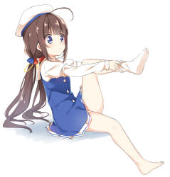Rule 34 | 10s, 1girl, :&lt;, ahoge, barefoot, beret, blue dress, blue eyes, blush, bobby socks, brown hair, closed mouth, commentary request, dress, dressing, feet, from side, full body, hair ribbon, hat, hatsunatsu, hinatsuru ai, layered sleeves, leg up, long hair, long sleeves, looking away, low twintails, no shoes, puffy short sleeves, puffy sleeves, ribbon, ryuuou no oshigoto!, school uniform, short over long sleeves, short sleeves, single sock, sitting, socks, solo, twintails, v-shaped eyebrows, very long hair, white background, white hat, white socks, yellow ribbon
