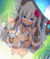 Rule 34 | 1girl, :o, bangle, bare shoulders, bikini, blue eyes, blush, bracelet, breasts, chair, collarbone, dark-skinned female, dark skin, from above, grey bikini, grey hair, hair between eyes, hair ribbon, hand up, jewelry, long hair, looking at viewer, looking up, lounge chair, navel, on chair, original, parted lips, ponpon (tosico), red ribbon, ribbon, sandals, sitting, small breasts, solo, swimsuit, twintails, very long hair, white footwear