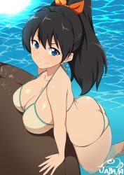 Rule 34 | 1girl, antenna hair, artist name, ass, bare shoulders, bikini, black hair, blue eyes, blush, bow, breasts, butt crack, cleavage, closed mouth, collarbone, ganaha hibiki, hair between eyes, hair bow, highres, idolmaster, idolmaster (classic), jabara tornado, large breasts, long hair, looking at viewer, orange bow, ponytail, poolside, smile, solo, swimsuit, thick thighs, thighs, water, wet