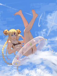 Rule 34 | 1girl, abigail williams (emerald float) (fate), abigail williams (fate), abigail williams (swimsuit foreigner) (first ascension) (fate), absurdres, adapted costume, bare arms, bare legs, bare shoulders, barefoot, bikini, black bikini, black bow, blonde hair, blue eyes, blush, bow, breasts, double bun, fate/grand order, fate (series), full body, hair bow, hair bun, highres, innertube, long hair, long legs, looking at viewer, multiple bows, official alternate costume, open mouth, orange bow, sidelocks, small breasts, solo, swim ring, swimsuit, third eye, user capk3588