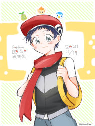 Rule 34 | 1boy, backpack, bag, black hair, blush, chimchar, closed mouth, commentary request, copyright name, creatures (company), dated, game freak, gen 4 pokemon, grey eyes, grey pants, hat, holding strap, looking at viewer, lucas (pokemon), male focus, nintendo, oicho, pants, piplup, pokemon, pokemon (creature), pokemon bdsp, red headwear, red scarf, scarf, short hair, short sleeves, smile, turtwig, yellow bag