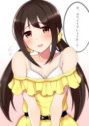 Rule 34 | 1girl, bare shoulders, black hair, blush, breasts, brown eyes, cleavage, gradient background, idolmaster, idolmaster cinderella girls, idolmaster cinderella girls starlight stage, long hair, looking at viewer, nakano yuka, smile, solo, suzutarou gunsou, translated, twintails