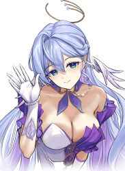 Rule 34 | 1girl, aqua eyes, bare shoulders, bead bracelet, beads, blue hair, bracelet, breasts, choker, cleavage, commentary request, detached sleeves, dress, facial mark, gloves, hair intakes, head tilt, head wings, highres, honkai: star rail, honkai (series), jewelry, long hair, looking at viewer, medium breasts, purple choker, robin (honkai: star rail), short sleeves, simple background, smile, solo, strapless, strapless dress, upper body, very long hair, white background, white dress, white gloves, wings, yatsuka mirin