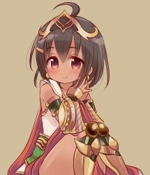 Rule 34 | 1girl, ahoge, armlet, bad id, bad pixiv id, black hair, blush, brown background, dark-skinned female, dark skin, egyptian, female focus, hair ornament, headpiece, interlocked fingers, ishtar (puzzle &amp; dragons), jewelry, knees together feet apart, looking at viewer, mashiro miru, no nose, puzzle &amp; dragons, red eyes, short hair, simple background, sleeveless, smile, solo