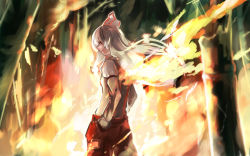 Rule 34 | 1girl, amamitsu kousuke, bad id, bad pixiv id, bamboo, bamboo forest, blurry, bow, fiery wings, fire, fire, floating hair, forest, from behind, fujiwara no mokou, hair bow, long hair, long sleeves, looking at viewer, looking back, nature, pants, red eyes, serious, shirt, silver hair, solo, suspenders, touhou, very long hair, white shirt, wings