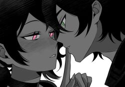 Rule 34 | 1boy, 1girl, andrew graves (the coffin of andy and leyley), ashley graves, black collar, black hair, black sweater, blush, collar, finger to mouth, green eyes, looking at another, pink eyes, renico, siblings, sweater, the coffin of andy and leyley, white background
