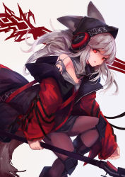 Rule 34 | 1girl, absurdres, animal ears, arknights, bare shoulders, beanie, black hat, black pantyhose, feet out of frame, fox ears, fox tail, frostleaf (arknights), grey shirt, hat, headphones, highres, holding, holding weapon, implied extra ears, jacket, knee pads, long hair, material growth, off shoulder, open clothes, open jacket, open mouth, oripathy lesion (arknights), pantyhose, red eyes, red jacket, shirt, silver hair, solo, tail, trrcmb, weapon
