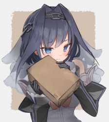 Rule 34 | 1girl, bag, black gloves, black sleeves, blue eyes, blue hair, chain, cleavage cutout, clothing cutout, commentary, detached sleeves, english commentary, gloves, hair intakes, halo, highres, holding, hololive, hololive english, mechanical halo, ouro kronii, paper bag, shirt, short hair, sleeveless, sleeveless shirt, solarisu, solo, veil, virtual youtuber