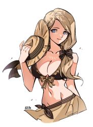 Rule 34 | 1girl, bare shoulders, bikini, blonde hair, blue eyes, breasts, brown bikini, cleavage, fire emblem, fire emblem: three houses, fire emblem heroes, hair over shoulder, hat, large breasts, long hair, looking at viewer, mercedes von martritz, midriff, navel, nintendo, official alternate costume, sarong, side ponytail, silvercandy gum, smile, solo, straw hat, swimsuit