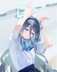 Rule 34 | 1girl, aqua halo, aris (blue archive), black hair, black skirt, blue archive, blue eyes, blue headband, blue necktie, collared shirt, commentary request, hair between eyes, hairband, halo, headband, highres, kingsle44411108, long hair, long hair between eyes, looking at viewer, necktie, rabbit pose, rectangular halo, shirt, short sleeves, signature, skirt, smile, solo, very long hair, white shirt
