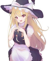 Rule 34 | 1girl, absurdres, apron, black hat, black skirt, blonde hair, bow, commentary request, frilled hat, frills, hat, hat bow, highres, kirisame marisa, long hair, looking at viewer, matcha yado, open mouth, own hands together, red eyes, short sleeves, sidelocks, simple background, skirt, solo, touhou, white apron, white background, white bow, witch hat