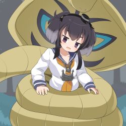 Rule 34 | 1girl, alternate color, anchor, arbok, black hair, black hairband, blue sailor collar, blush, breasts, chain, commentary request, constriction, creatures (company), game freak, gen 1 pokemon, grass, hairband, highres, kantai collection, lets0020, long sleeves, medium bangs, neckerchief, nintendo, open mouth, pokemon, pokemon (creature), purple eyes, sailor collar, shiny pokemon, shirt, short hair with long locks, sidelocks, small breasts, snake, tokitsukaze (kancolle), tree, upper body, white shirt, yellow neckerchief
