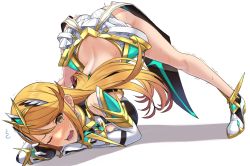 Rule 34 | 1girl, ass, back, bare shoulders, blonde hair, breasts, dress, earrings, elbow gloves, flexible, gloves, highres, jack-o&#039; challenge, jewelry, large breasts, legs, meme, mythra (xenoblade), one eye closed, open mouth, short dress, solo, split, spread legs, swept bangs, tiara, top-down bottom-up, trembling, white dress, white footwear, white gloves, xenoblade chronicles (series), xenoblade chronicles 2, yellow eyes, yuuki shin
