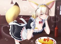Rule 34 | 1girl, animal ear fluff, animal ears, apron, black dress, blonde hair, blush, breasts, brown hair, cleavage, deku suke, detached collar, dress, fennec (kemono friends), food, frilled apron, frills, gloves, hair between eyes, half-closed eyes, heart, highres, kemono friends, ketchup, ketchup bottle, leaning forward, looking at viewer, maid, maid apron, maid headdress, medium breasts, medium hair, omelet, omurice, plate, smirk, solo, tail, thighhighs, white gloves, white thighhighs