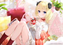 Rule 34 | 1girl, absurdres, ahoge, animal ears, blonde hair, breasts, collarbone, controller, couch, cup, cushion, dress, fuumi (radial engine), game controller, gamepad, hair ornament, hairclip, handheld game console, headphones, headphones removed, highres, holding, holding cup, hololive, horns, jacket, knees up, long sleeves, looking at viewer, lying, medium breasts, neck ribbon, official art, on back, on couch, open clothes, open jacket, pillow, purple eyes, red ribbon, red socks, ribbon, sailor collar, scan, sheep ears, sheep girl, sheep horns, side ponytail, socks, solo, star (symbol), steam, tsunomaki watame, tsunomaki watame (street casual), virtual youtuber, watermark, white dress, white jacket, white sailor collar