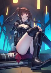 Rule 34 | 1girl, absurdres, arm at side, arm support, ass, black eyes, black footwear, black leotard, blurry, blurry background, boots, breasts, brown hair, cameltoe, cleavage, cross-laced footwear, crossed legs, fingerless gloves, from below, gloves, hallway, hand on own knee, highres, holster, indoors, jewelry, lace-up boots, leotard, long sleeves, looking at viewer, necklace, parted lips, rekaerb maerd, shrug (clothing), sitting, smile, soles, solo, thigh boots, thighhighs, thighs, twintails, window, wrist guards, yamaneko arthur