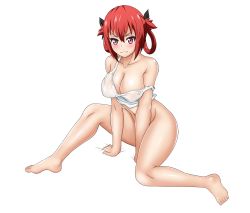 Rule 34 | 1girl, asortofcolorfag, blush, bottomless, breasts, cleavage, convenient arm, convenient censoring, feet, gabriel dropout, highres, satanichia kurumizawa mcdowell, large breasts, no bra, purple eyes, red hair, simple background, smile, solo, strap slip, white background