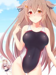 Rule 34 | 2girls, absurdres, black one-piece swimsuit, black ribbon, blonde hair, breasts, brown eyes, competition swimsuit, covered navel, hair ornament, hair ribbon, hairclip, heterochromia, highleg, highleg swimsuit, highres, kantai collection, koumei (twinameless), light brown hair, long hair, medium breasts, multicolored clothes, multicolored swimsuit, multiple girls, murasame (kancolle), murasame kai ni (kancolle), one-piece swimsuit, red eyes, ribbon, sailor bikini, sailor collar, solo focus, swimsuit, two side up, white one-piece swimsuit, yuudachi (kancolle), yuudachi kai ni (kancolle)