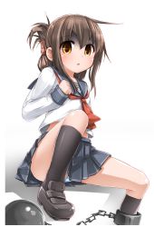 Rule 34 | 10s, 1girl, ball and chain restraint, black legwear, brown eyes, brown hair, chain, cuffs, folded ponytail, highres, inazuma (kancolle), kantai collection, loafers, long hair, looking at viewer, moegi nenene, neckerchief, open mouth, panties, pantyshot, school uniform, serafuku, shackles, shoes, skirt, solo, striped clothes, striped panties, turn pale, underwear