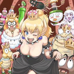 Rule 34 | 6+girls, armlet, black dress, black hair, black nails, blonde hair, blue eyes, blush, bowsette, bowsette jr., bracelet, breasts, bulging eyes, bullet bill, character request, cleavage, clothes lift, collar, commentary, dated, dress, dress lift, earrings, eye pop, fangs, flat chest, goomba, green hair, highres, jewelry, koopa clown car, koopa troopa, lakitu, large breasts, long hair, luigi&#039;s mansion, mario (series), medium breasts, multiple girls, nail polish, necklace, nervous sweating, new super mario bros. u deluxe, nintendo, piranha plant, ponytail, princess chain chomp, princess king boo, profitshame, red eyes, sharp teeth, spiked armlet, spiked bracelet, spiked collar, spiked shell, spikes, spiny, super crown, sweat, teeth, tongue, tongue out, trembling, turtle shell, white hair