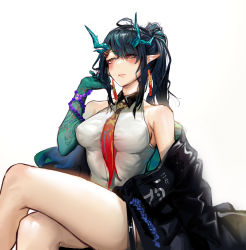 Rule 34 | 1girl, absurdres, arknights, bare legs, bare shoulders, bead bracelet, beads, black coat, black hair, blush, bracelet, breasts, closed mouth, coat, colored skin, crossed legs, dress, dusk (arknights), earrings, eyes visible through hair, feet out of frame, gradient skin, green hair, green skin, hair ornament, hair over one eye, hairclip, hand in own hair, highres, jewelry, large breasts, long hair, looking away, looking to the side, multicolored hair, open clothes, open coat, poi, ponytail, red eyes, short dress, simple background, sitting, solo, streaked hair, two-tone hair, white background, white dress, yi zhi ai xi