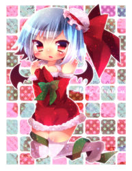 Rule 34 | 1girl, abandon ranka, bad id, bad pixiv id, bat wings, blue hair, blush, female focus, looking at viewer, merry christmas, red eyes, remilia scarlet, short hair, solo, thighhighs, touhou, white thighhighs, wings