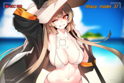 Rule 34 | 1girl, arm up, beach, bikini, blurry, breasts, brown hair, cain (grt1125), character name, cleavage, collarbone, day, depth of field, girls&#039; frontline, grin, hat, holding, large breasts, long hair, looking at viewer, m37 (girls&#039; frontline), m37 (summer parader) (girls&#039; frontline), navel, official alternate costume, one eye closed, orange eyes, outdoors, recording, sidelocks, smile, solo, sun hat, swimsuit, teeth, upper body, very long hair, viewfinder, white bikini