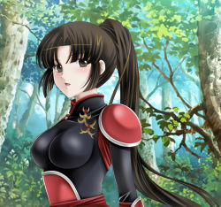 Rule 34 | 1girl, blunt bangs, bodysuit, breasts, brown hair, forest, inuyasha, long hair, nature, plant, ponytail, sango (inuyasha), skin tight, solo, tamamon, tree, upper body