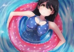 Rule 34 | 10s, 1girl, :o, afloat, bad id, bad pixiv id, black hair, breasts, casual one-piece swimsuit, cleavage, floating, highres, innertube, kantai collection, long hair, looking up, medium breasts, nabeo, one-piece swimsuit, partially submerged, polka dot, polka dot swimsuit, solo, swim ring, swimsuit, ushio (kancolle), yellow eyes