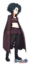 Rule 34 | 1girl, :d, advance wars, advance wars: dual strike, afro, black eyes, black hair, boots, coat, crop top, flat chest, hand in pocket, hirata ryou, knee boots, lash (advance wars), lips, midriff, military, military uniform, navel, nintendo, official art, open clothes, open mouth, pantyhose, short hair, short shorts, shorts, simple background, smile, solo, standing, tank top, trench coat, uniform