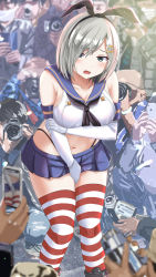 Rule 34 | 1girl, 6+boys, animal ears, arm under breasts, bare shoulders, blue eyes, blue skirt, blush, breasts, cosplay, elbow gloves, embarrassed, fake animal ears, gloves, hair ornament, hairclip, hamakaze (kancolle), highres, kantai collection, kuroame (kurinohana), large breasts, leaning forward, looking at viewer, multiple boys, open mouth, photographer, pleated skirt, public indecency, rabbit ears, sailor collar, shimakaze (kancolle), shimakaze (kancolle) (cosplay), short hair, silver hair, skirt, solo focus, striped clothes, striped thighhighs, thighhighs, thong, white gloves