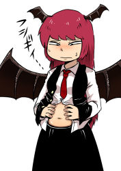Rule 34 | 1girl, black eyes, black skirt, black vest, blouse, breasts, closed mouth, collared shirt, commentary request, cookie (touhou), cowboy shot, demon girl, demon wings, head wings, koakuma, kochiko (cookie), long hair, long sleeves, looking down, medium breasts, navel, necktie, nicetack, red hair, red necktie, shirt, simple background, skirt, solo, stomach, touhou, vest, weight conscious, white background, white shirt, wings
