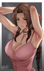 Rule 34 | 1girl, adjusting hair, aerith gainsborough, armpit crease, armpits, arms behind head, arms up, bolo tie, braid, braided ponytail, breasts, cleavage, dress, final fantasy, final fantasy vii, highres, large breasts, light blush, looking at viewer, outside border, pink dress, pink ribbon, ribbon, seductive smile, sgk, smile, solo, sweat, upper body