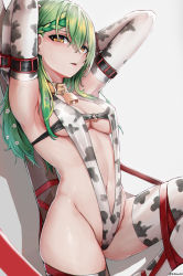 Rule 34 | 1girl, animal print, arms behind head, bell, belt buckle, bikini, braid, braided bangs, breasts, buckle, ceres fauna, cleavage, collar, cow print, cowbell, elbow gloves, flower, gloves, green hair, hair flower, hair ornament, highres, hololive, hololive english, kb-5, leg up, long hair, looking at viewer, mole, mole under eye, navel, parted lips, red ribbon, ribbon, slingshot swimsuit, solo, swimsuit, thighhighs, virtual youtuber, white background, yellow eyes