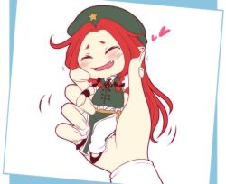 Rule 34 | 1girl, beret, blush stickers, bow, braid, chibi, closed eyes, commentary request, fang, hair bow, hat, heart, hong meiling, long hair, long sleeves, mini person, minigirl, neko majin, open mouth, pants, parted bangs, pelvic curtain, red hair, shirt, sitting on hand, smile, touhou, twin braids, vest, white background