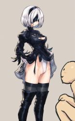 Rule 34 | 1boy, 1girl, 2b (nier:automata), arm behind back, black dress, black thighhighs, blindfold, boots, breasts, cameltoe, cleavage, cleavage cutout, cleft of venus, clothes lift, clothing cutout, covered eyes, dress, dress lift, fat mons, feather-trimmed sleeves, grey background, groin, hairband, highres, jiyu2, leotard, leotard under clothes, mole, mole under mouth, nier:automata, nier (series), silver hair, simple background, skirt, skirt lift, solo focus, standing, thigh boots, thighhighs, thighhighs under boots, thighs, turtleneck, turtleneck dress