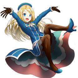 Rule 34 | 1girl, :d, arms up, atago (kancolle), atago (kancolle) (cosplay), beret, black gloves, blonde hair, blue eyes, blue footwear, blush, brown pantyhose, commentary request, cosplay, frilled sleeves, frills, full body, gloves, hat, high heels, jervis (kancolle), kantai collection, long hair, long sleeves, looking at viewer, military, military uniform, open mouth, outstretched arms, pantyhose, simple background, smile, solo, uniform, unowen, white background