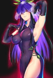 Rule 34 | 1girl, armpits, black gloves, black hair, blush, breasts, covered erect nipples, covered navel, dress, elbow gloves, flower, flower on head, gloves, groin, highres, large breasts, long hair, mole, mole under eye, one eye covered, open mouth, puck100ml, purple dress, purple eyes, purple flower, smile, solo, touhou, yomotsu hisami