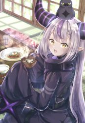 Rule 34 | 1girl, absurdres, belt, black coat, bowl, coat, crow (la+ darknesss), cup, food, glass, highres, holding, holding bowl, holding food, hololive, horns, indoors, la+ darknesss, light, long hair, looking at viewer, looking back, miso soup, multicolored hair, on floor, open mouth, pointy ears, purple hair, saliva, sidelocks, silver hair, sitting, solo, star-shaped pupils, star (symbol), streaked hair, symbol-shaped pupils, tail, tatami, ukiukikiwi2525, very long hair, virtual youtuber, wide sleeves, window