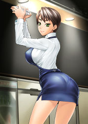 Rule 34 | 1girl, ass, bang-you, breasts, brown hair, cocktail shaker, cowboy shot, covered erect nipples, from behind, green eyes, highres, indoors, large breasts, lips, looking back, original, pantylines, short hair, skirt, solo, waitress