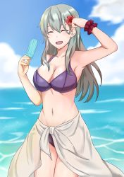 Rule 34 | 1girl, ^ ^, aqua eyes, armpits, bare shoulders, beach, bikini, blue sky, brain freeze, breasts, brown hair, cleavage, closed eyes, cloud, day, closed eyes, flower, food, gradient hair, hair flower, hair ornament, hibiscus, highres, kantai collection, large breasts, long hair, multicolored hair, navel, ocean, open mouth, outdoors, popsicle, purple bikini, rukialice, sarong, sky, smile, solo, suzuya (kancolle), swimsuit, wrist cuffs