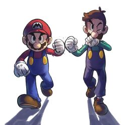 Rule 34 | 2boys, blue overalls, brothers, brown footwear, brown hair, clenched hands, facial hair, fist bump, full body, gloves, hat, highres, luigi, male focus, mario, mario &amp; luigi rpg, mario (series), masanori sato (style), multiple boys, mustache, nintendo, one eye closed, overalls, shadow, shirt, shoes, siblings, simple background, socks, striped clothes, striped socks, tears, torn clothes, walking, white background, white gloves, ya mari 6363