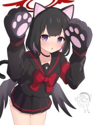 Rule 34 | 1girl, :o, animal ears, animal hands, armband, arms up, black choker, black hair, black sailor collar, black shirt, black skirt, black wings, blue archive, blush, bow, breasts, cat ears, cat tail, choker, cowboy shot, fake animal ears, gloves, halo, highres, light blush, long sleeves, looking at viewer, mashiro (blue archive), miniskirt, open mouth, paw gloves, pleated skirt, purple eyes, raised eyebrows, red armband, red bow, red halo, sailor collar, shirt, shirt bow, short hair, simple background, skirt, small breasts, solo, tail, white background, winged halo, wings